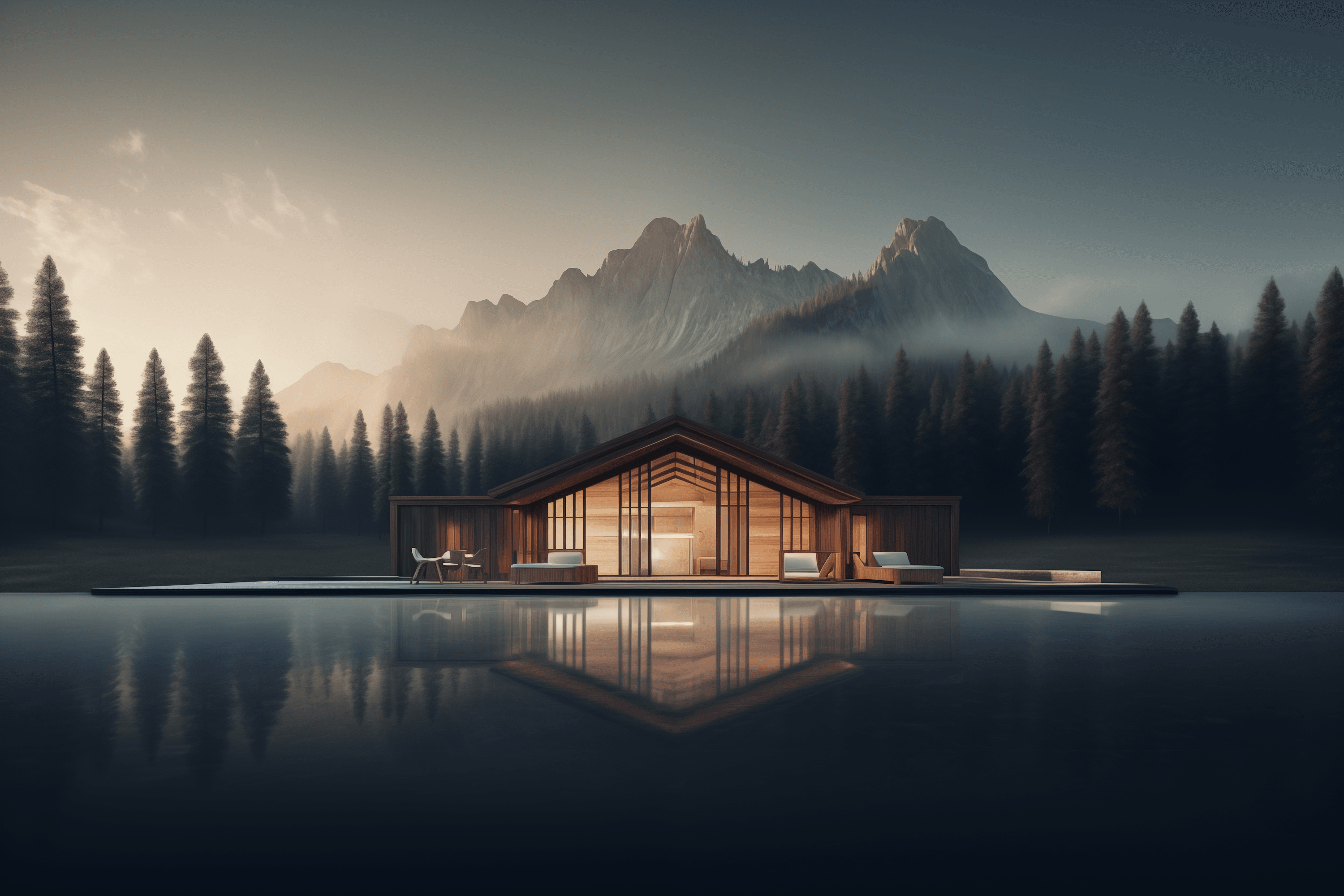 Mountains and forests with two cabins